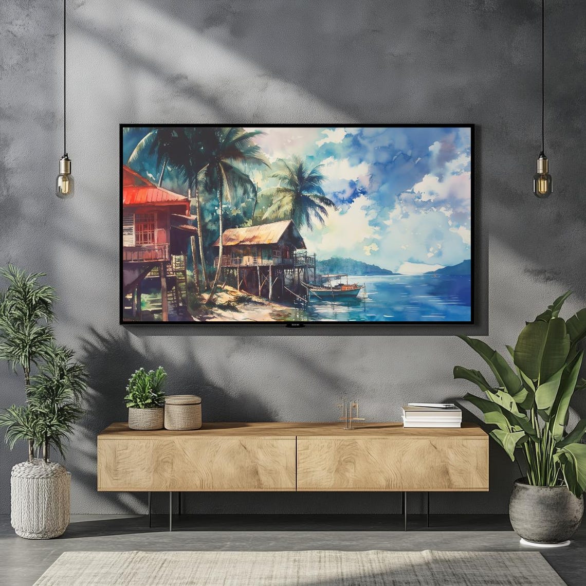 Tropical Philippines Stilt Huts Lagoon Watercolor Island Frame Poster