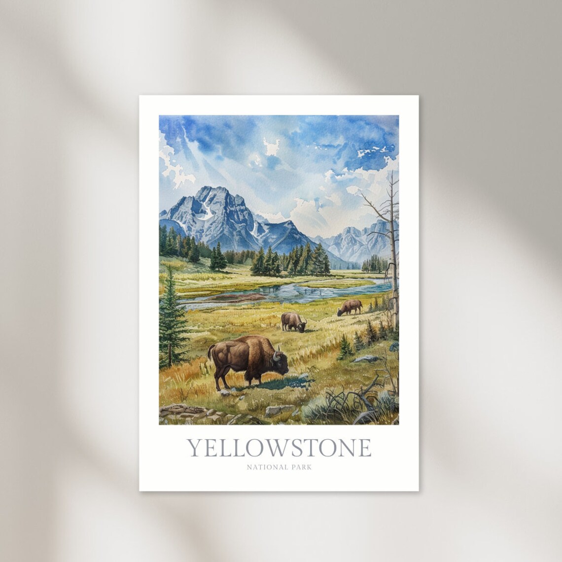 Yellowstone National Park Bison Valley Watercolor Wildlife Travel Poster