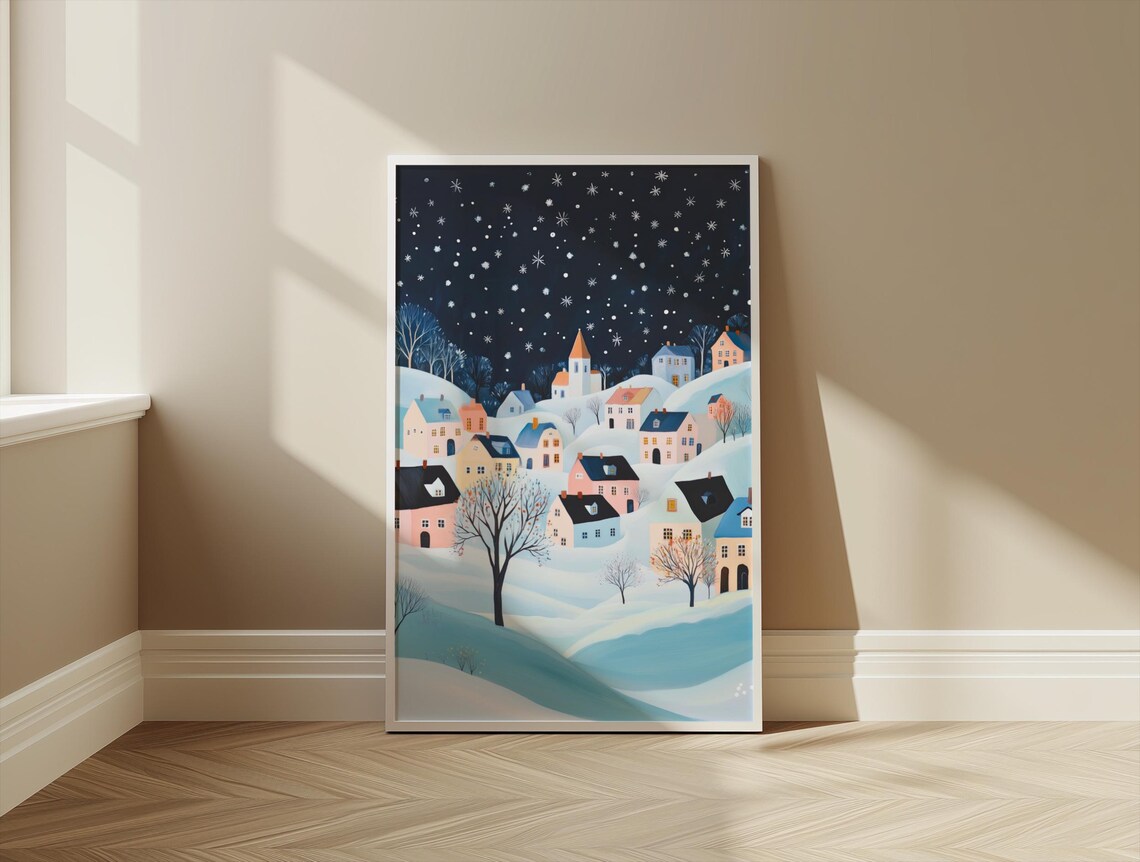 Cozy Winter Village Snow Night Sky Painting Holiday Decor Poster