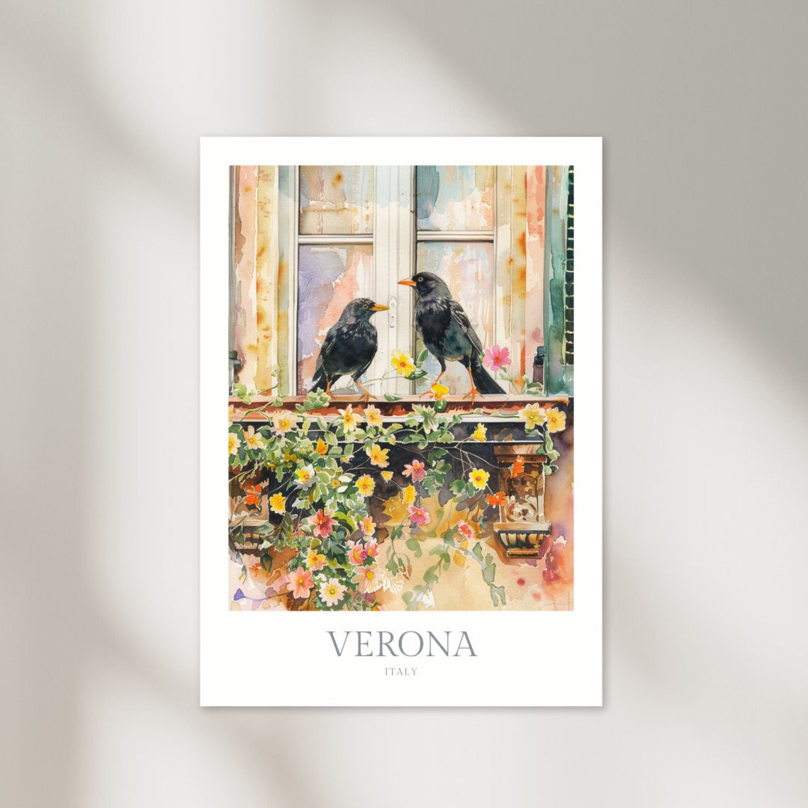 Verona Italy Blackbirds Window Flowers Watercolor Travel Art Poster
