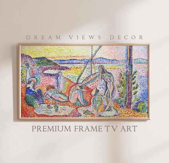 Pointillist Beach Picnic Coastal Scene Post Impressionist Frame TV Poster