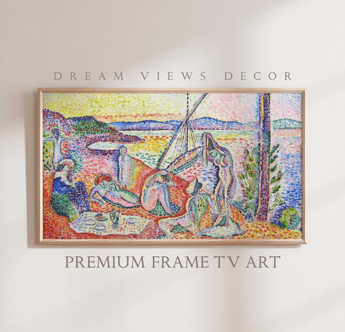 Pointillist Beach Picnic Coastal Scene Post Impressionist Frame TV Poster