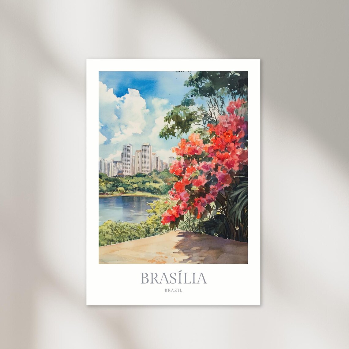 Brasilia Brazil Lake Skyline Red Flowers Watercolor City View Poster