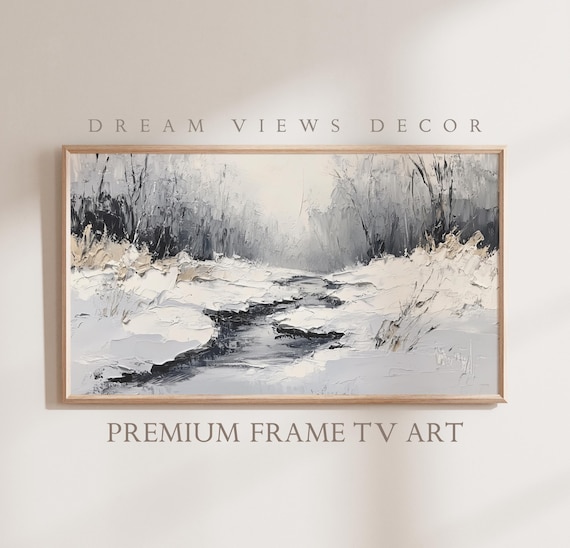 Snowy Winter Stream Textured Impasto Grey Neutral Frame TV Poster