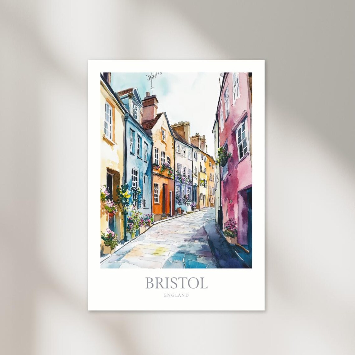 Bristol England Colorful Houses Cobblestone Street Watercolor Poster