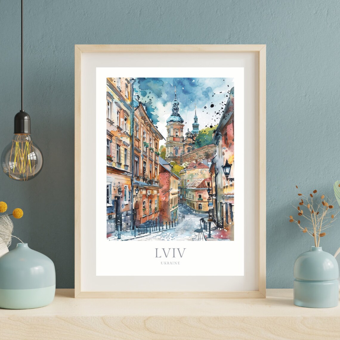 Lviv Ukraine Cobblestone Street Church Domes Watercolor Travel Poster - Image 2