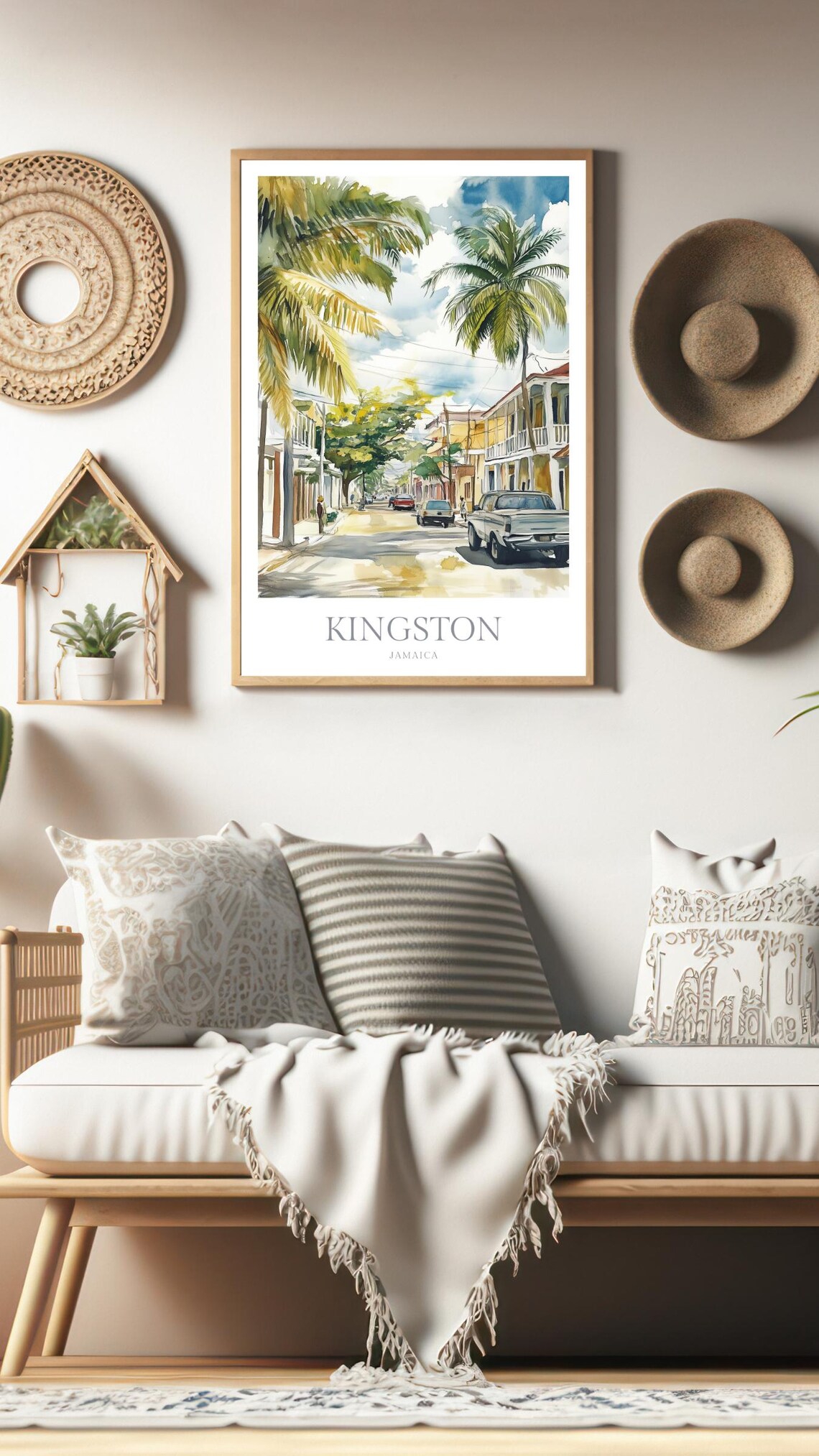 Kingston Jamaica Street Palm Trees Watercolor Caribbean Travel Poster - Image 3