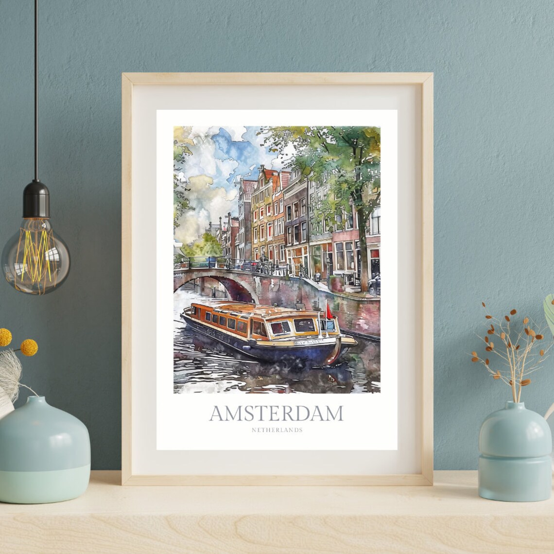 Amsterdam Netherlands Watercolor Travel Poster, Canal Cruise - Image 2