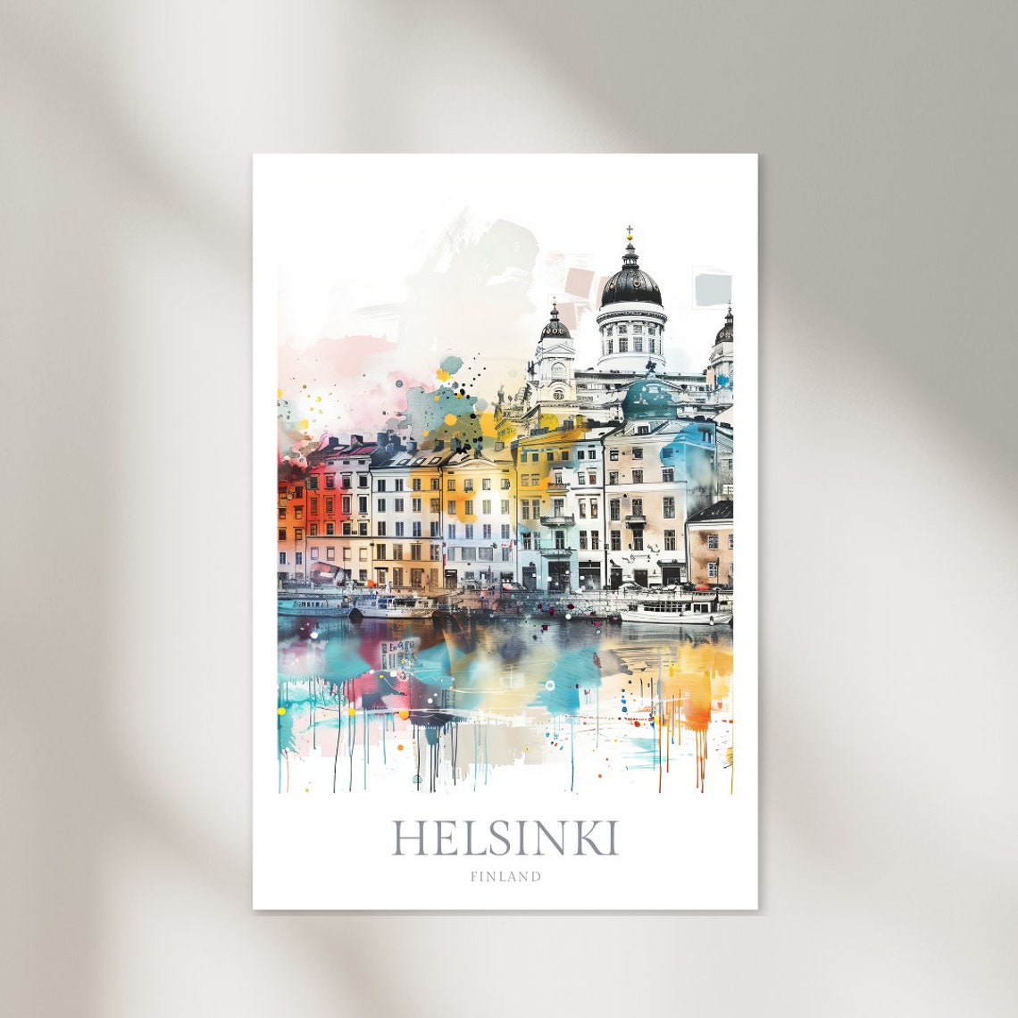 Helsinki Finland Colorful Harbor Buildings Cathedral Watercolor Poster