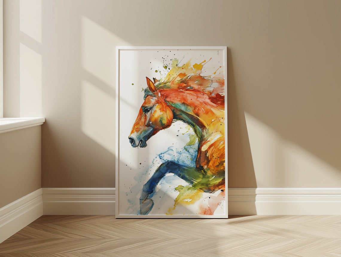 Fiery Orange Rearing Horse Abstract Watercolor Equine Poster - Image 3