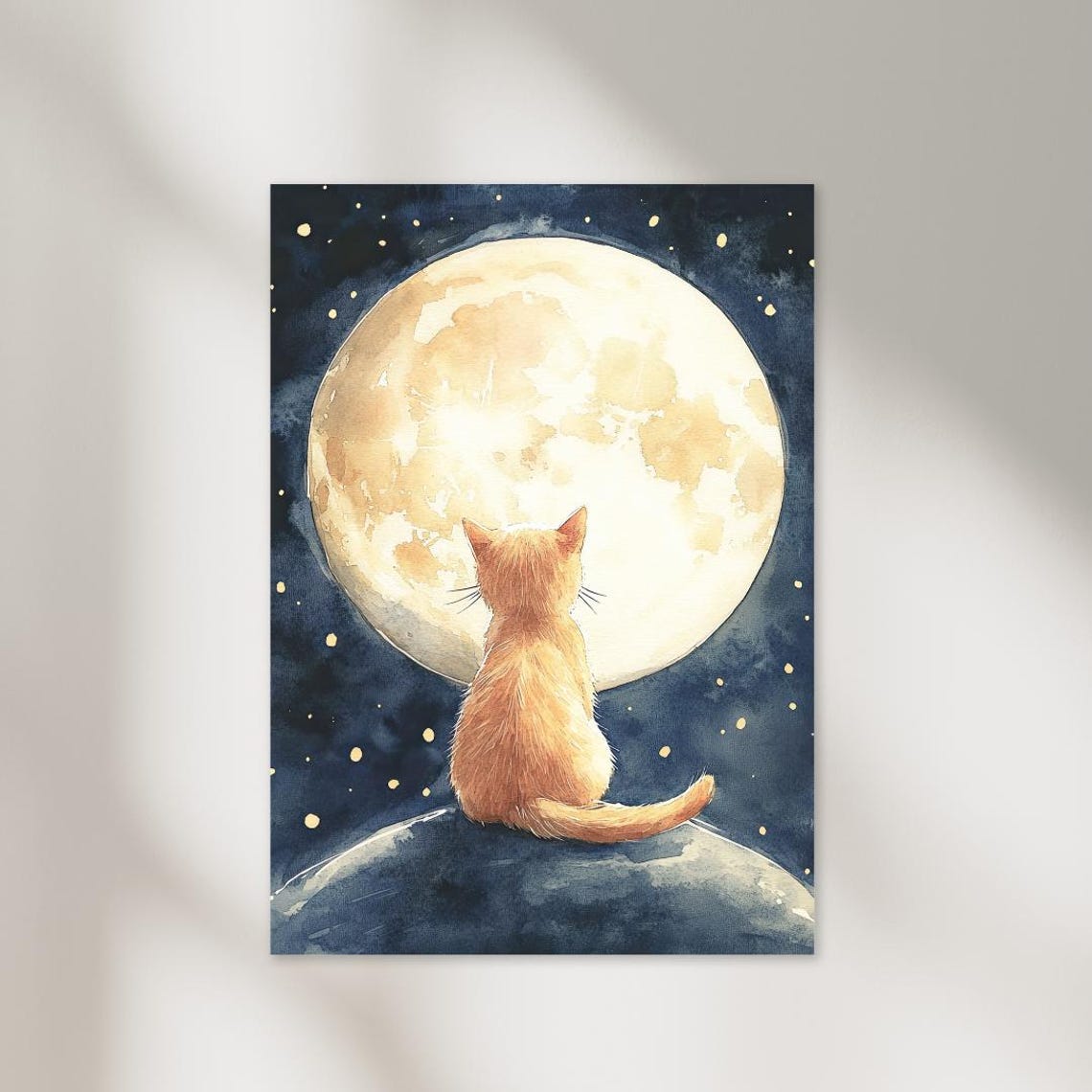 Ginger Cat Under Full Moon Watercolor Starry Night Nursery Poster