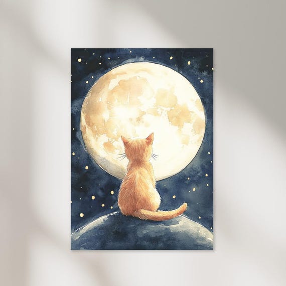 Playroom Poster Art Print Watercolour Nursery Prints Nursery Wall Art Moon Cat Wall Art Girls Room Decor Home Decor