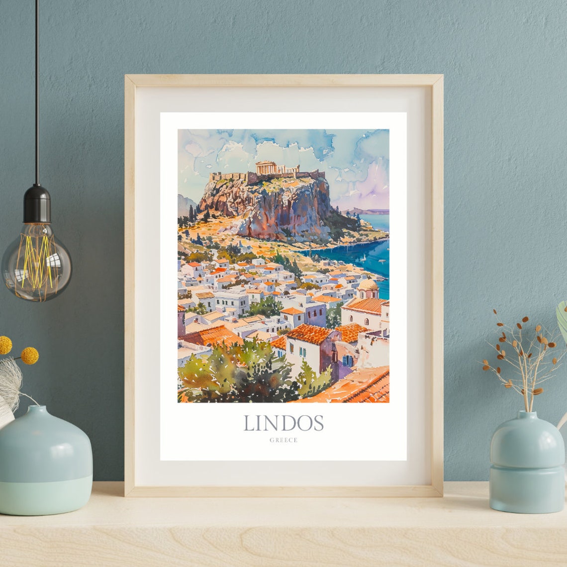Lindos Greece Watercolor Acropolis Village Harbor Poster Artwork - Image 2