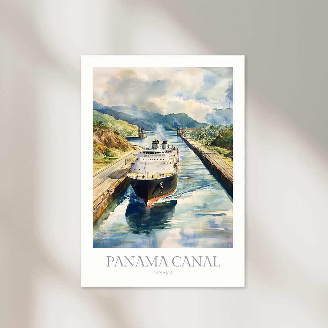 Panama Canal Large Ship Passing Through Locks Watercolor Poster