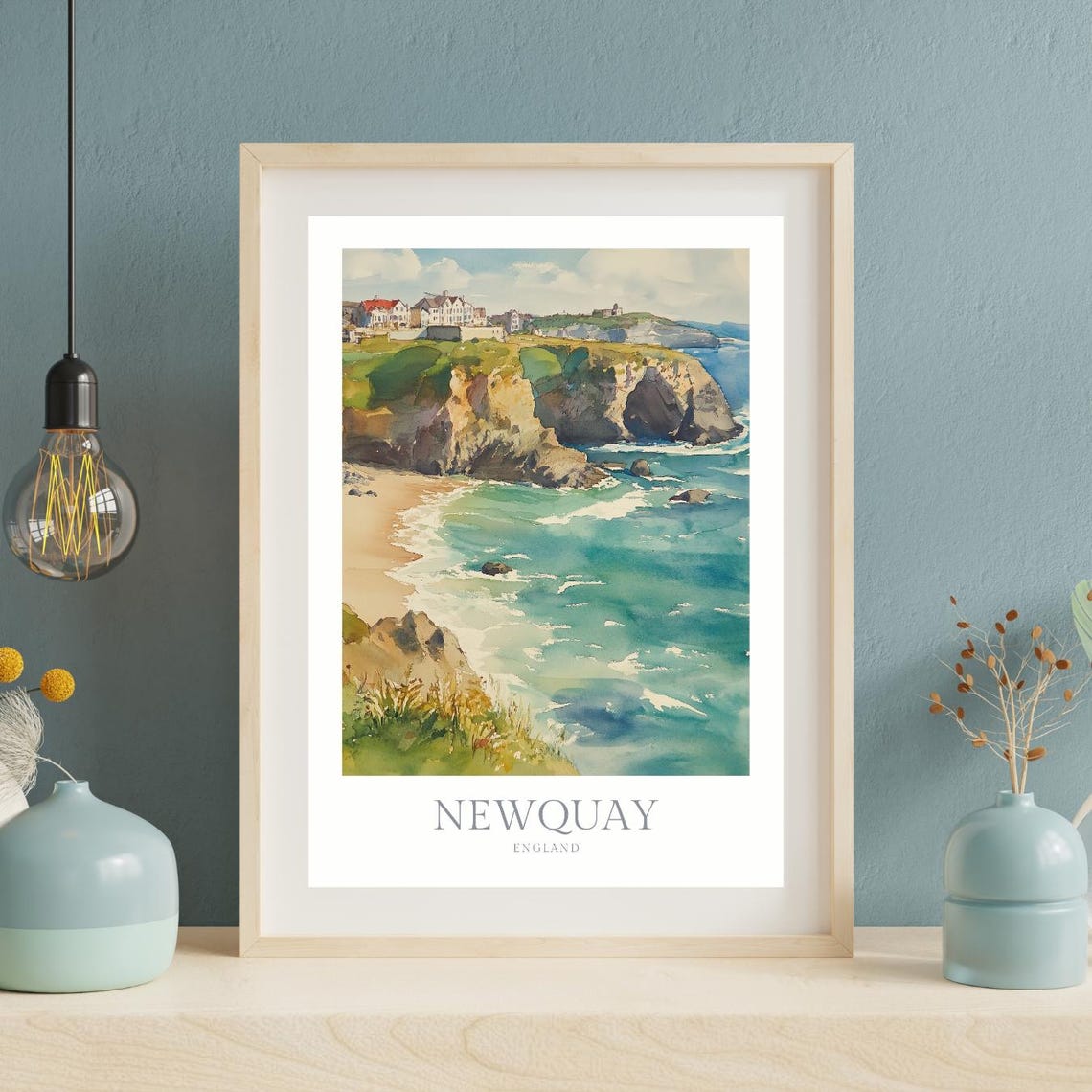 Newquay England Cliffside Beach Cove Surf Coast Watercolor Poster - Image 2