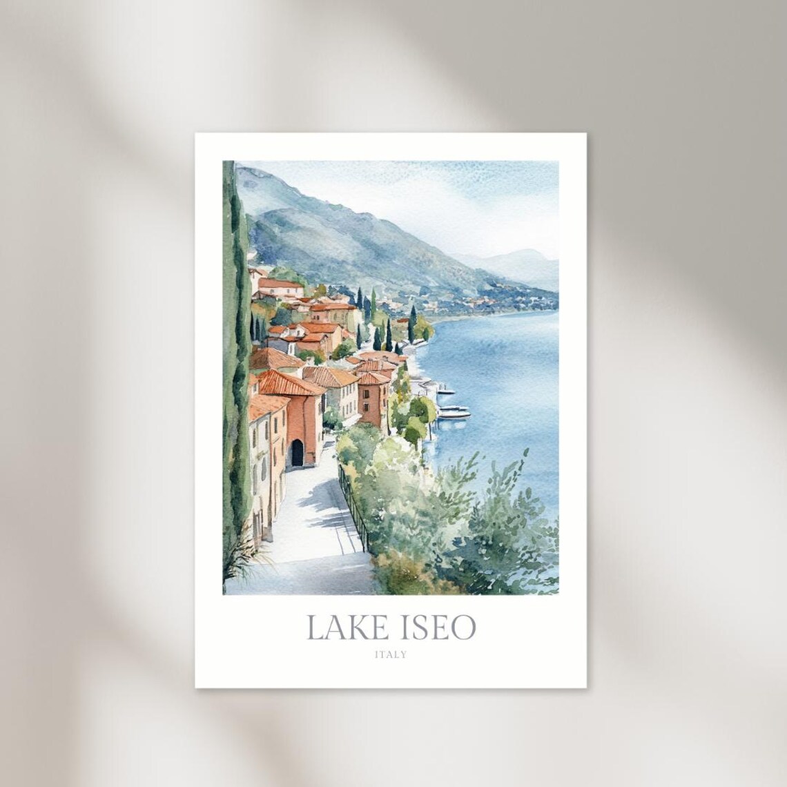 Lake Iseo Watercolor Travel Poster, Italy Decor