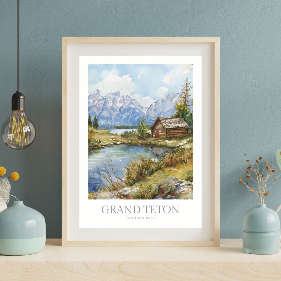 Grand Teton National Park Cabin Lake Watercolor Travel Poster - Image 2