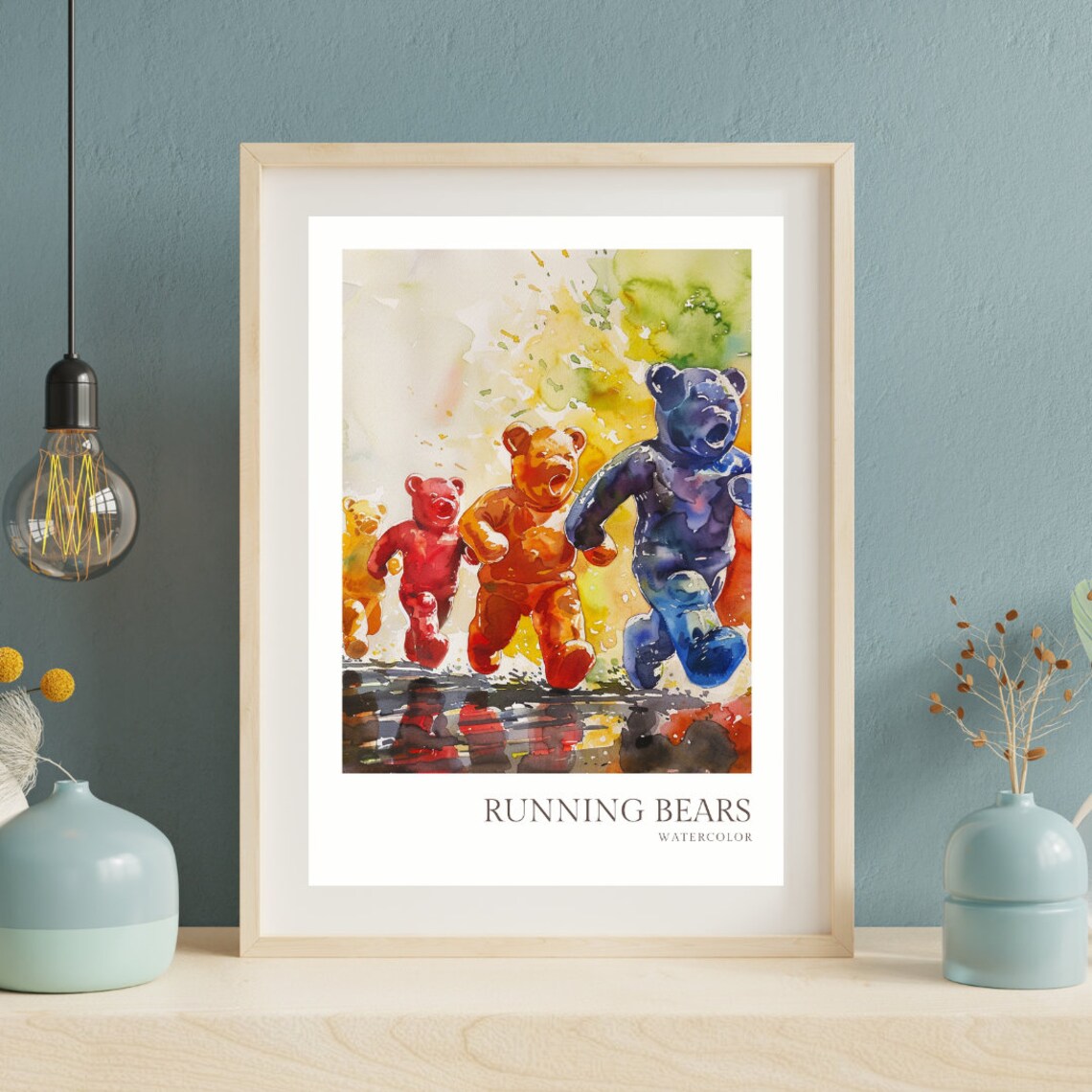 Running Bears Colorful Gummy Bear Race Watercolor Funny Poster - Image 2