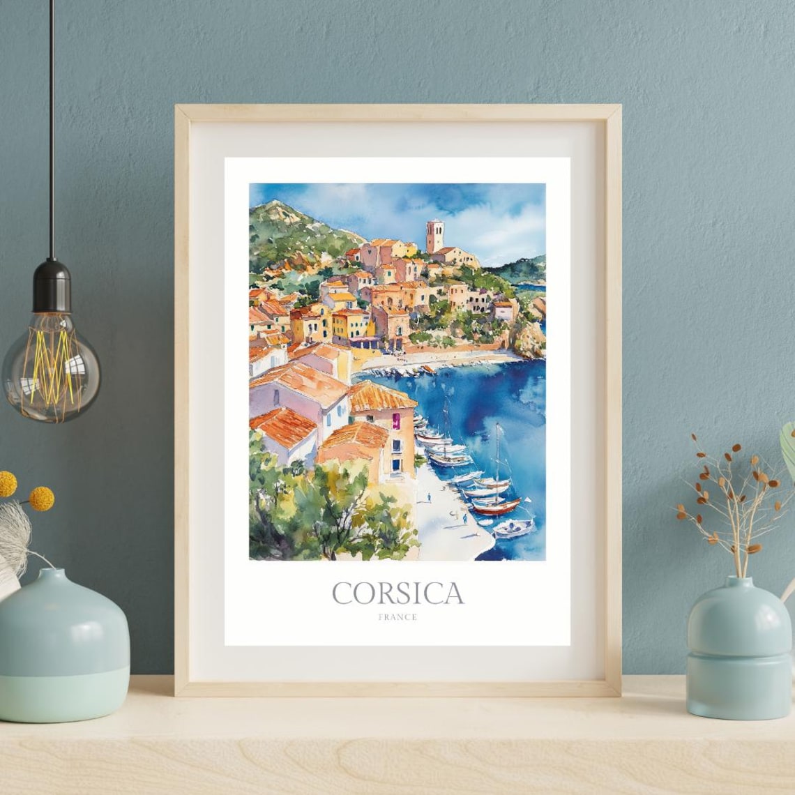 Corsica France Coastal Village Harbour Boats Watercolor Travel Poster - Image 2
