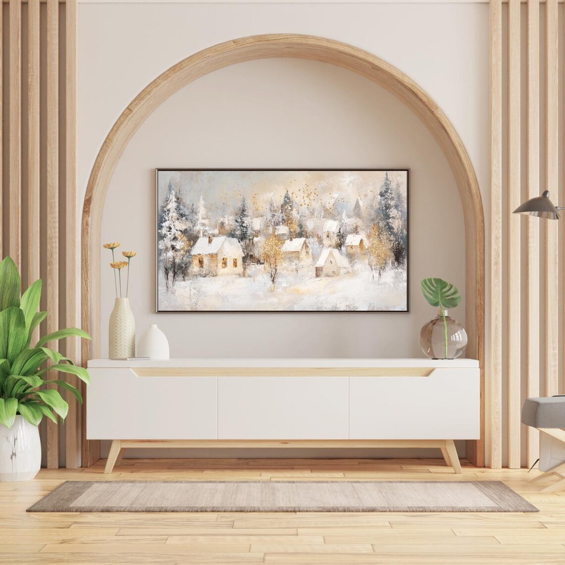 White And Gold Snowy Village Glowing Windows Christmas Frame TV Poster - Image 2