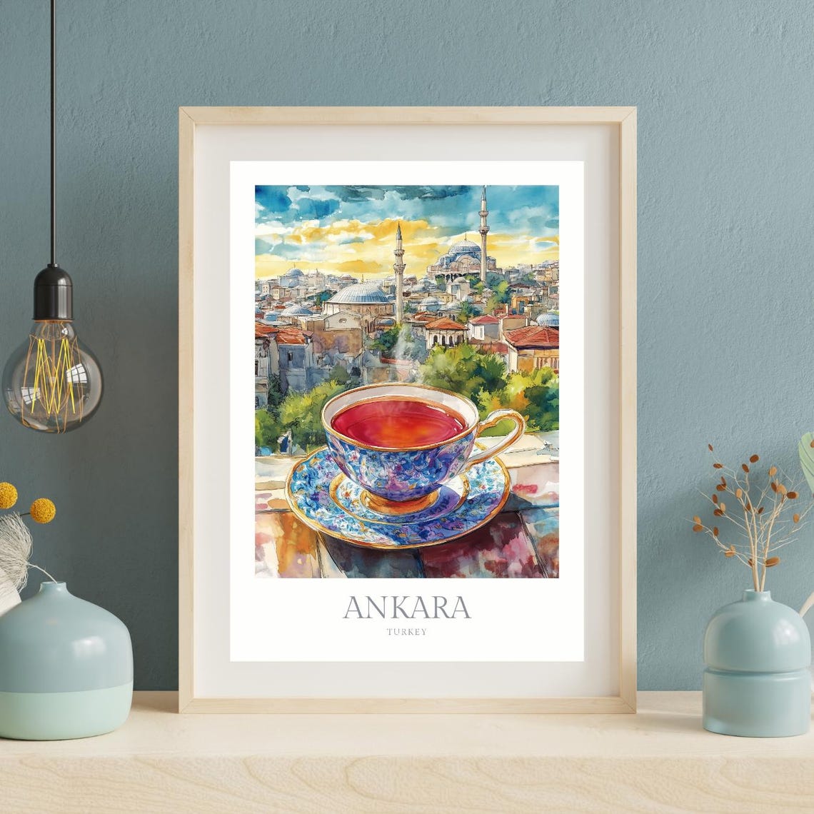 Ankara Turkey Turkish Tea Cup Mosque Skyline Watercolor Travel Poster - Image 2
