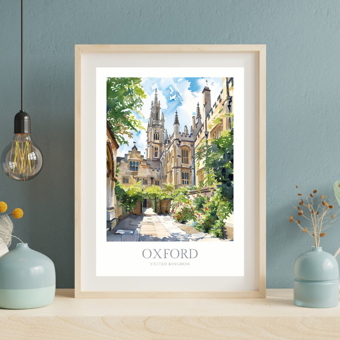 Oxford United Kingdom Gothic College Courtyard Watercolor Poster - Image 2