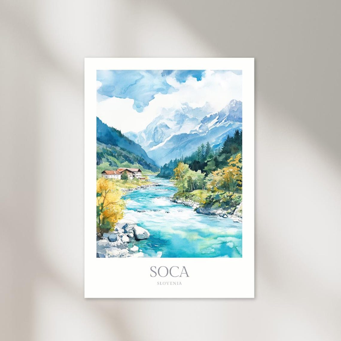 Soca Slovenia Turquoise River Alpine Valley Watercolor Travel Poster