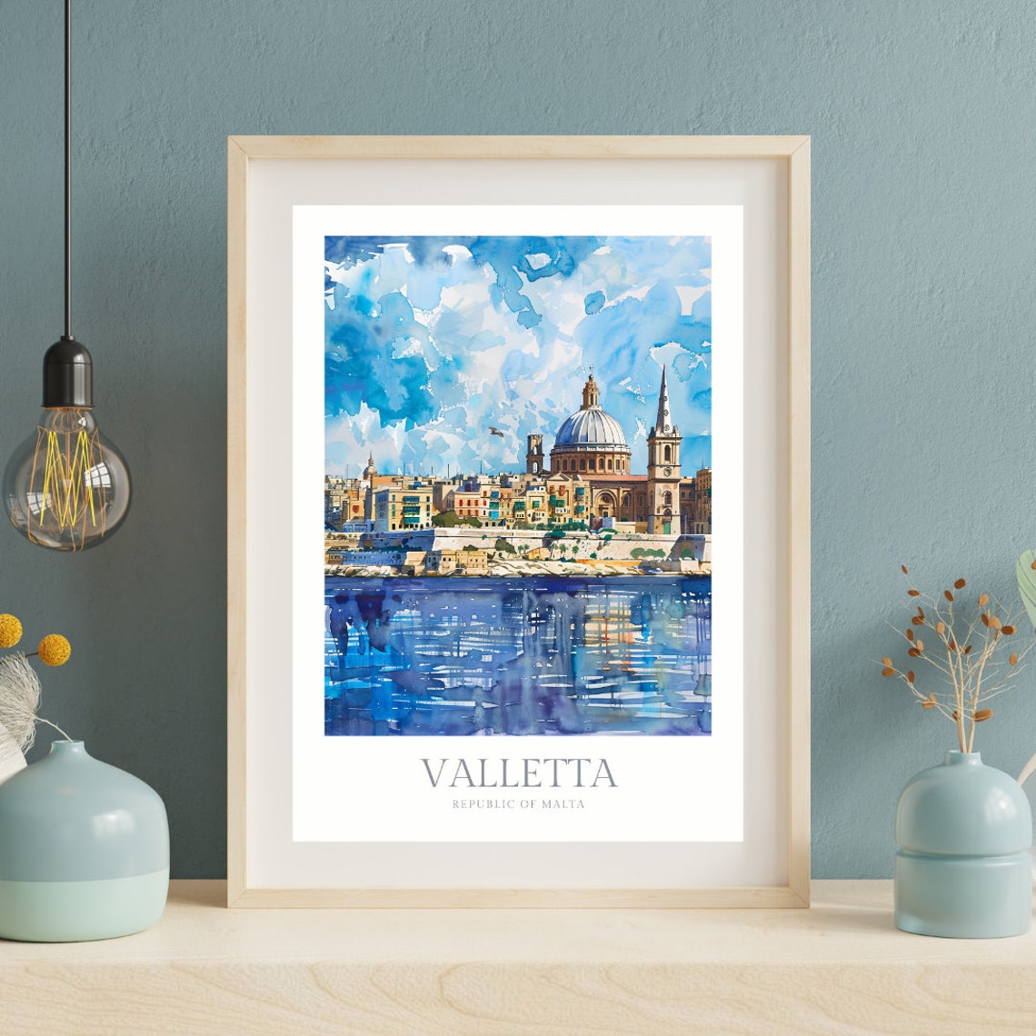Valletta Malta Harbor Skyline Domed Cathedral Watercolor Poster - Image 2