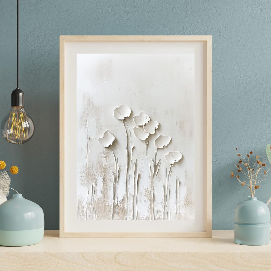 White Plaster Floral Relief Botanical Minimalist Textured Art Poster - Image 2