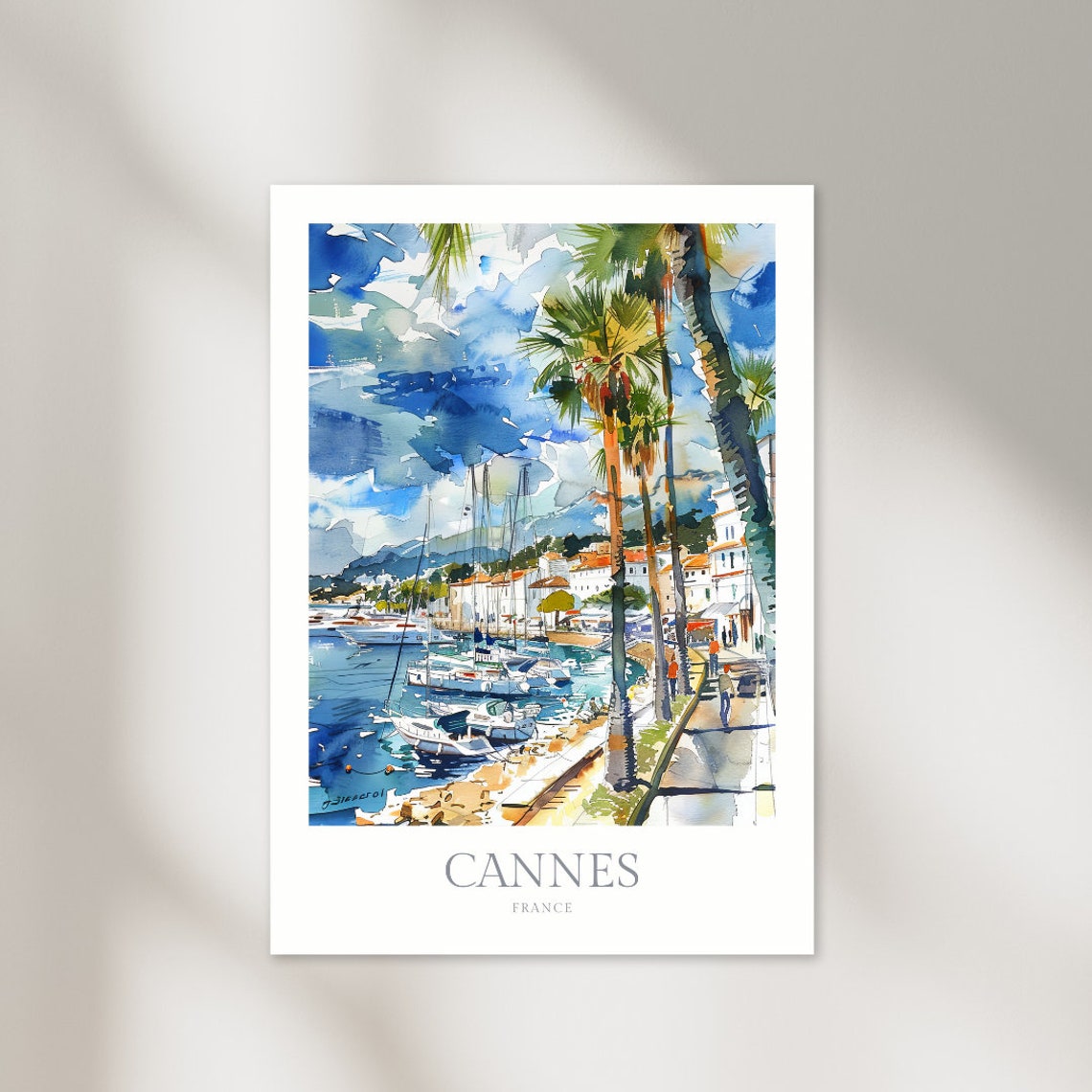 Cannes France Watercolor Harbor Palms Sailboat Marina Poster