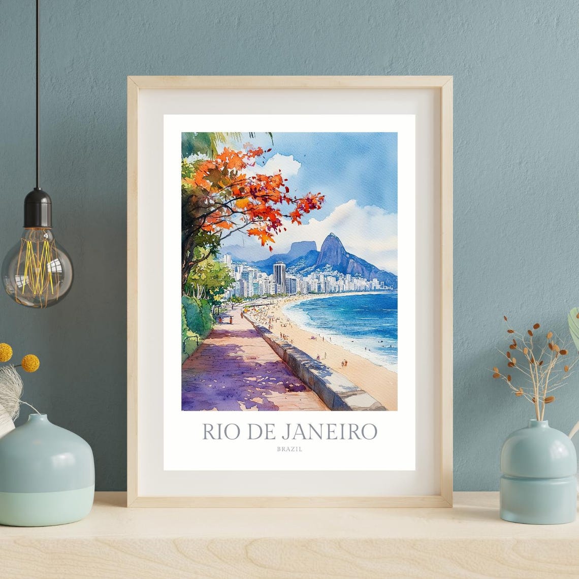 Rio De Janeiro Brazil Copacabana Beach Ocean Watercolor Travel Poster - Image 2