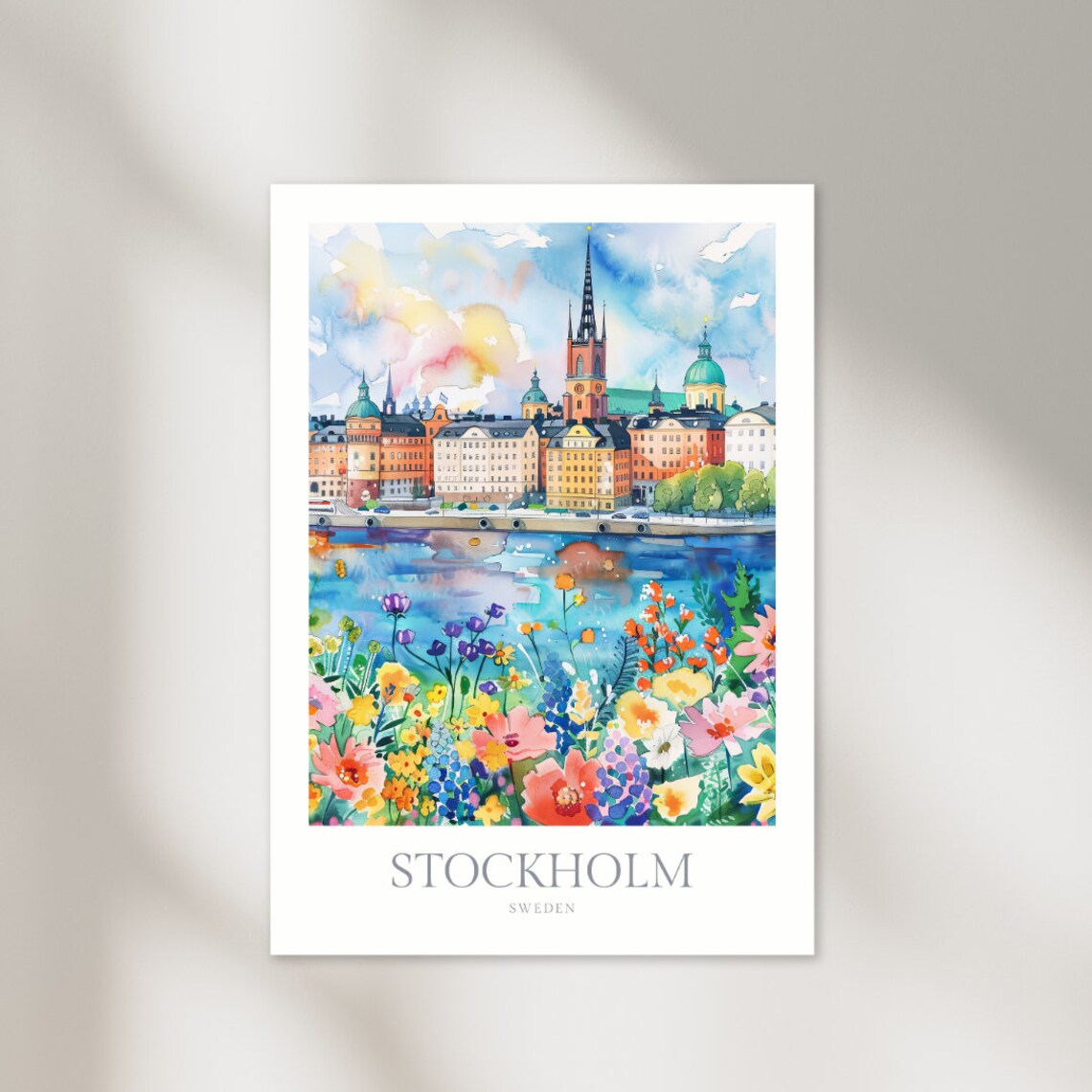Stockholm Sweden Old Town Waterfront Wildflowers Watercolor Poster