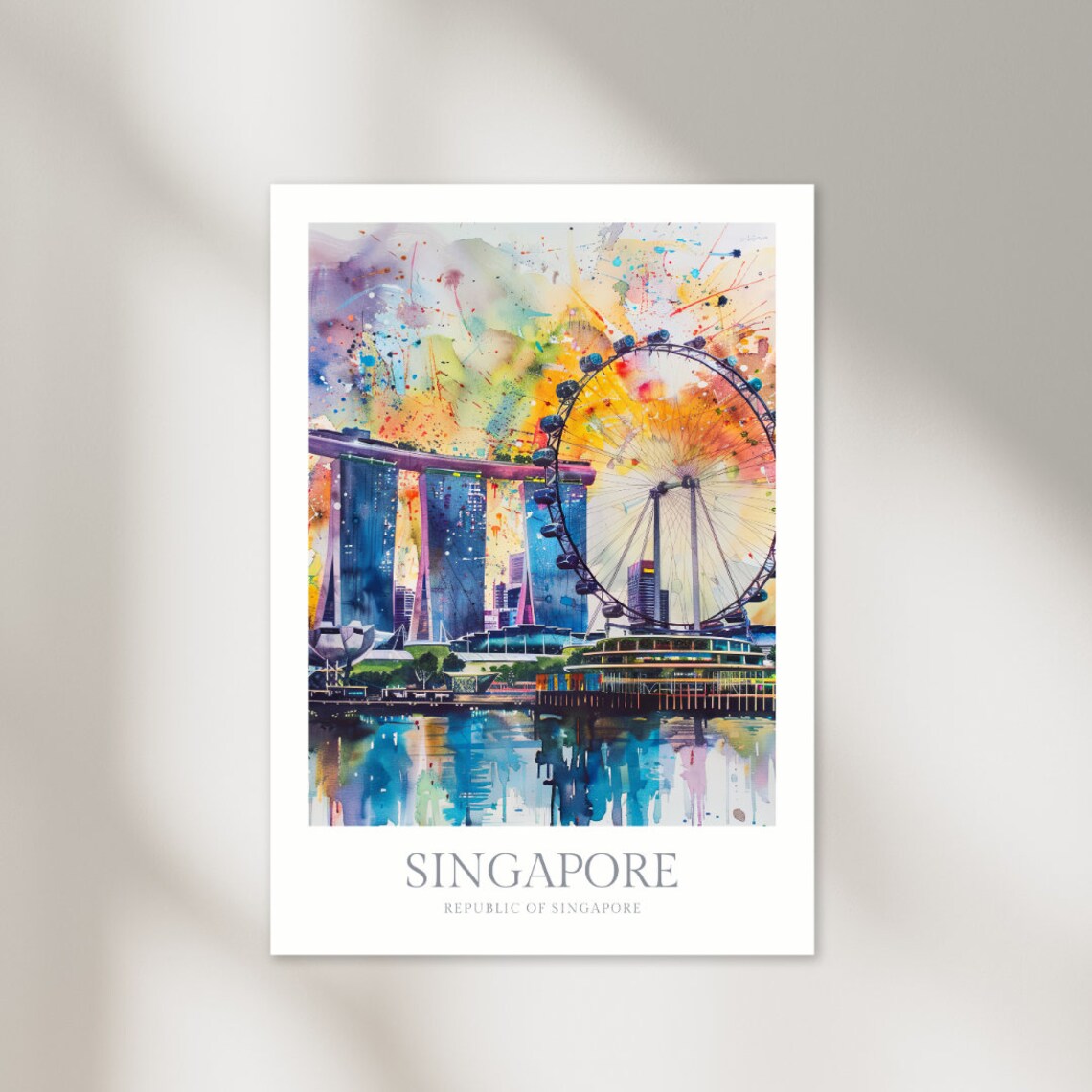 Singapore Flyer Marina Bay Sands Ferris Wheel Watercolor Travel Poster