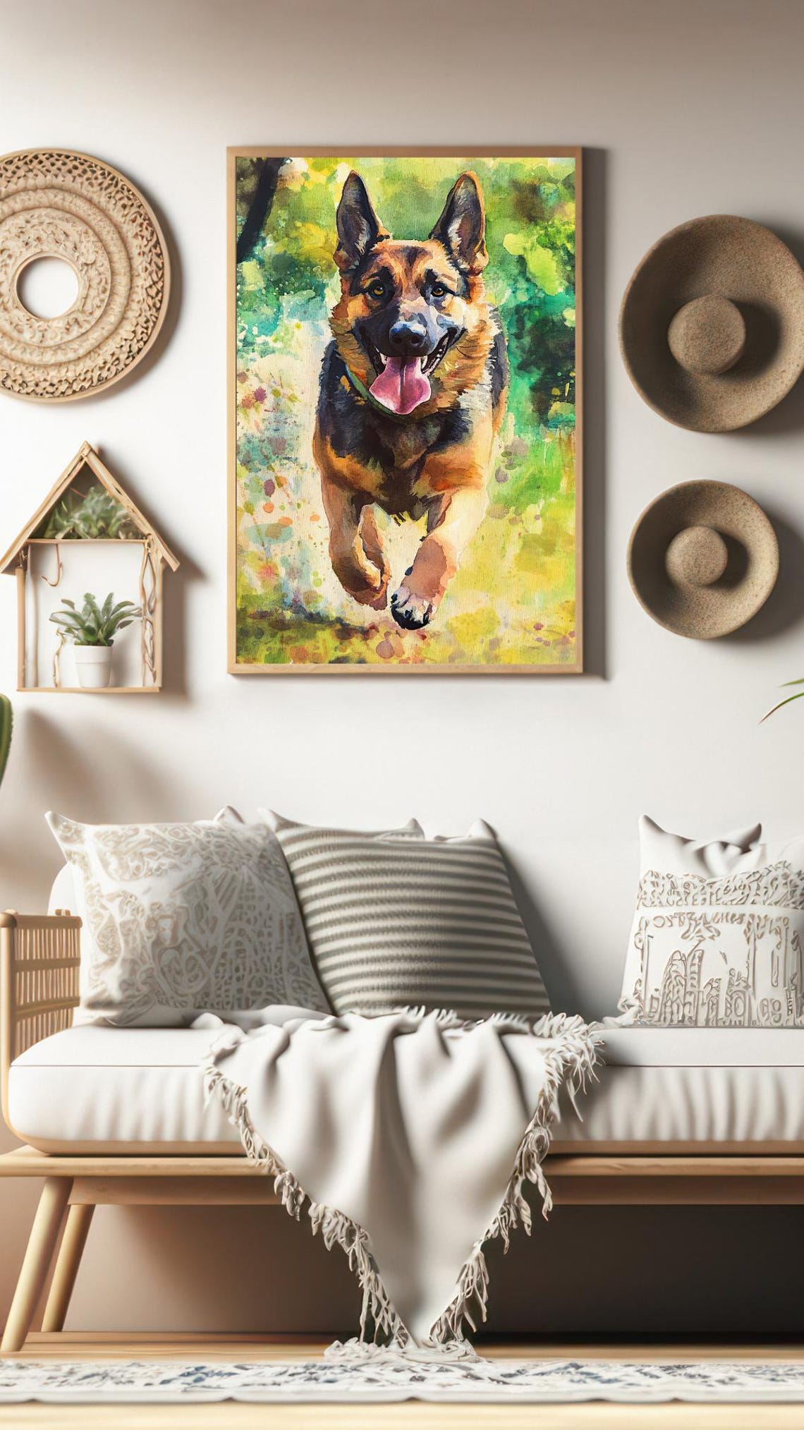 German Shepherd Dog Running Through Meadow Watercolor Art Poster - Image 2