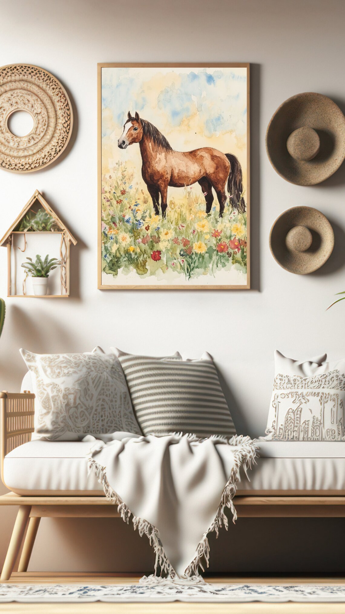 Sunny Brown Horse Standing in Wildflower Meadow Watercolor Poster - Image 2