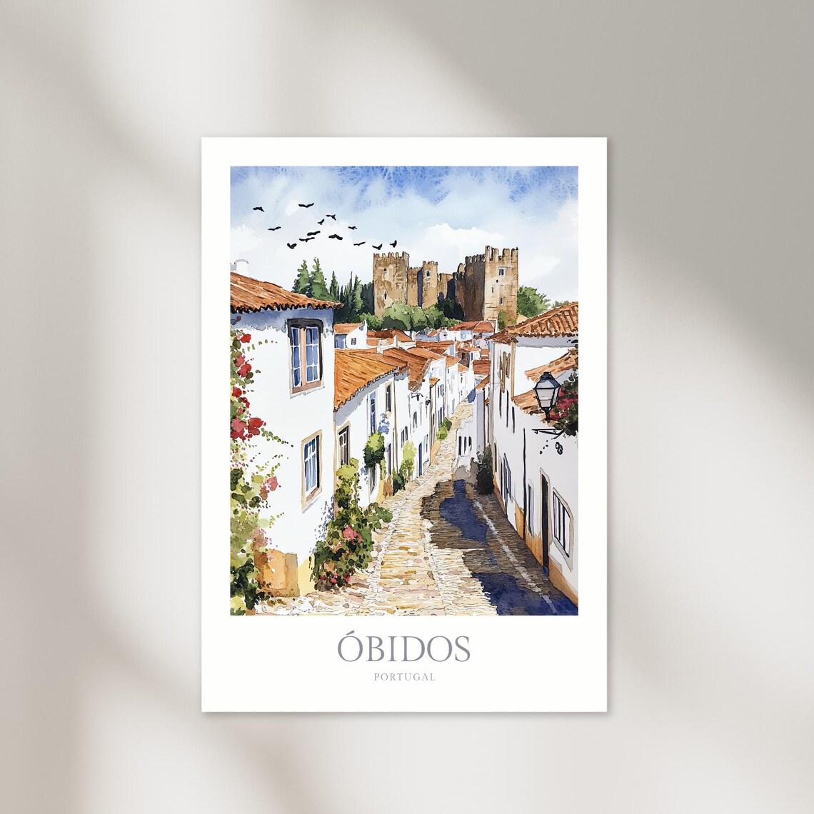 Obidos Portugal Watercolor Medieval Castle Cobblestone Street Poster