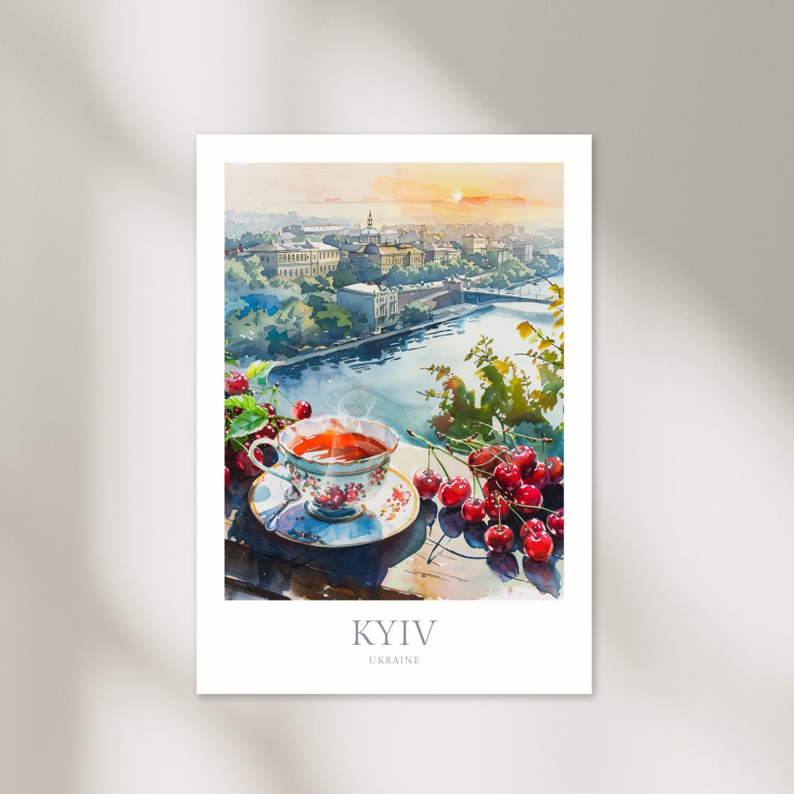 Kyiv Ukraine Watercolor Tea Cup With Cherries Sunset River Poster