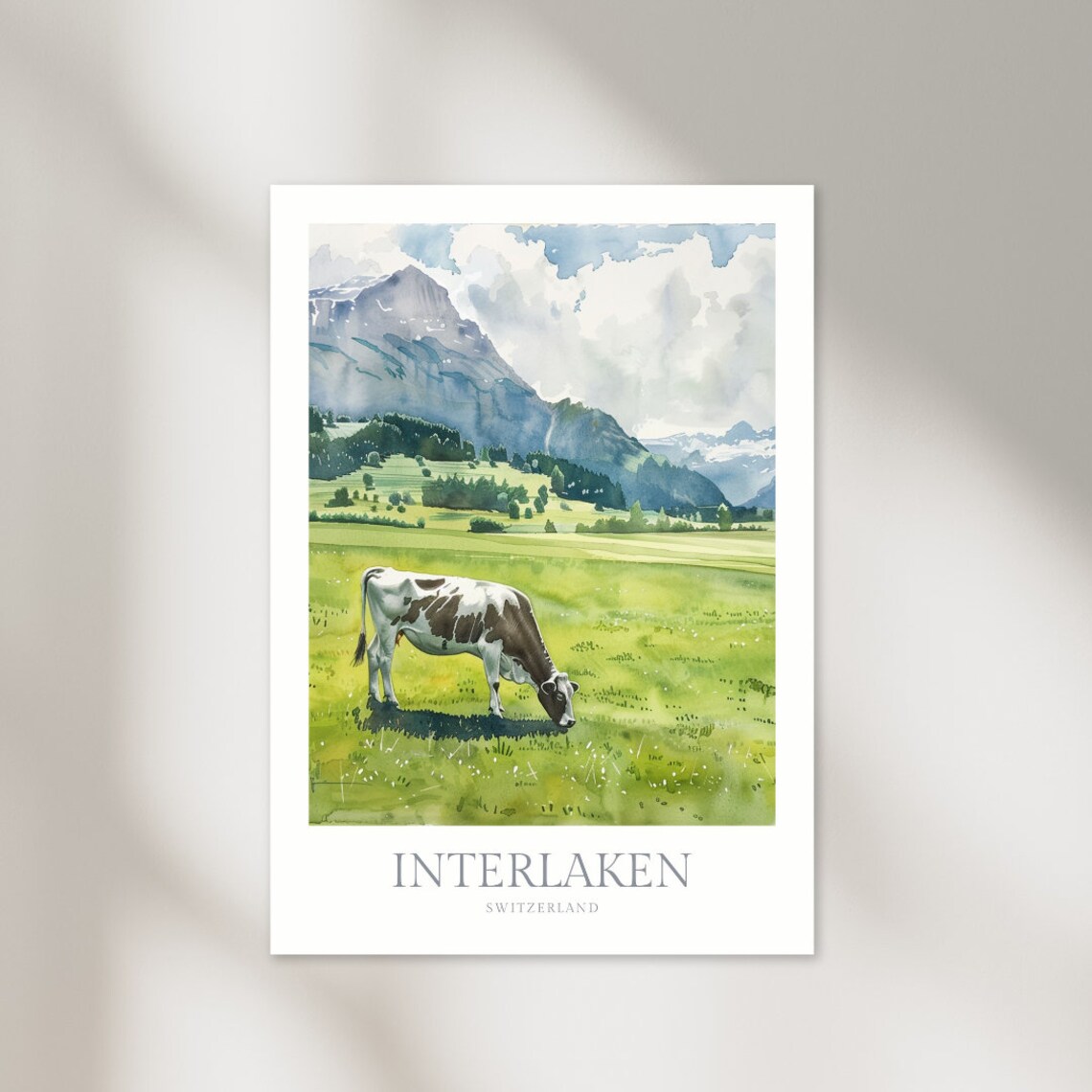 Interlaken Switzerland Alpine Meadow Cow Watercolor Travel Poster