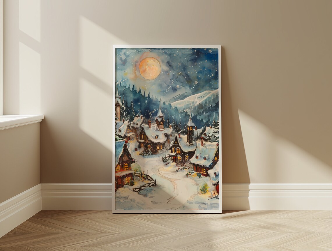 Santa Claus Village Winter Night Snowy Moonlit Watercolor Art Print - Image 3