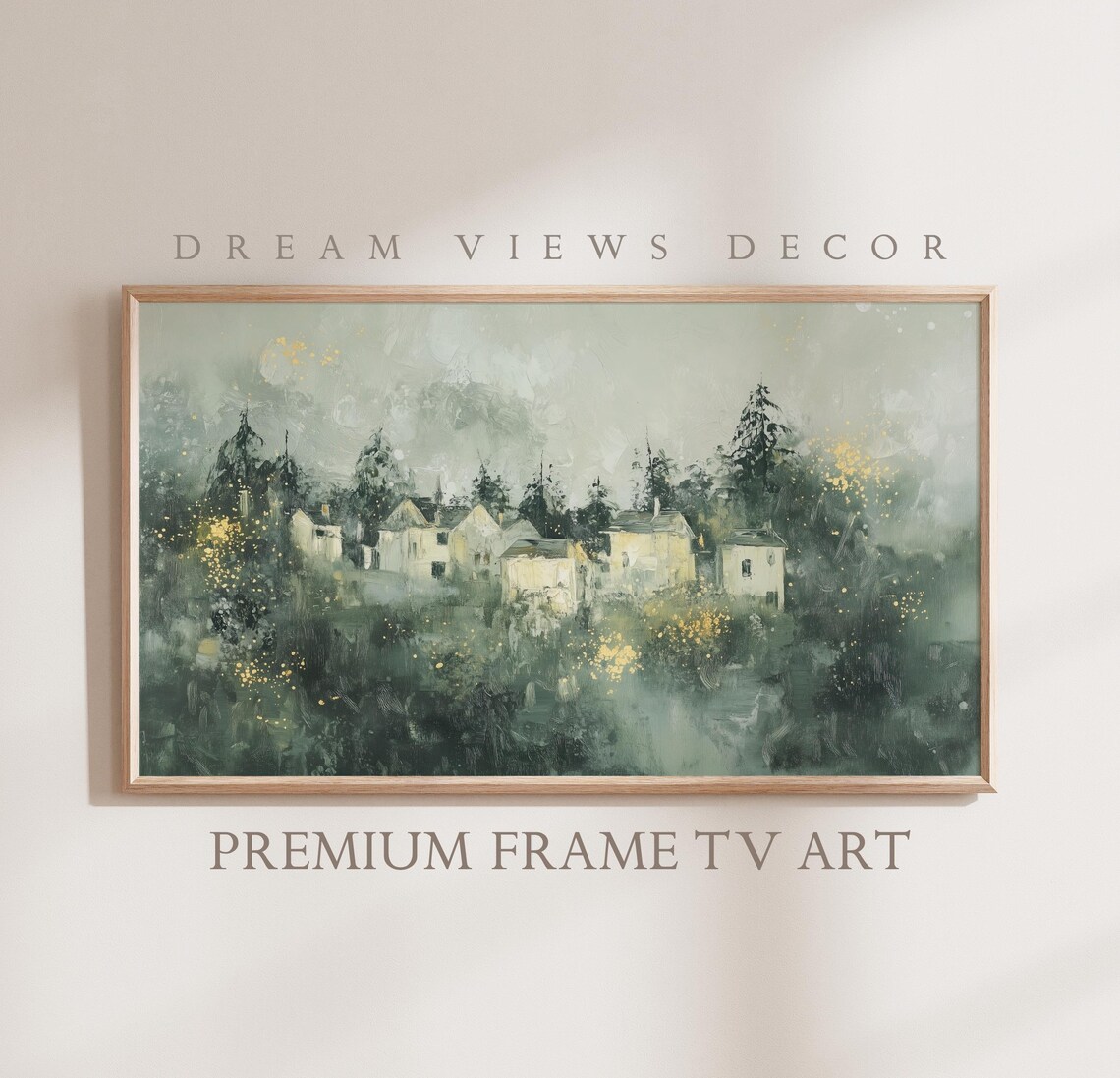 Misty Village Cottages Among Pine Trees Moody Abstract Landscape Art Print