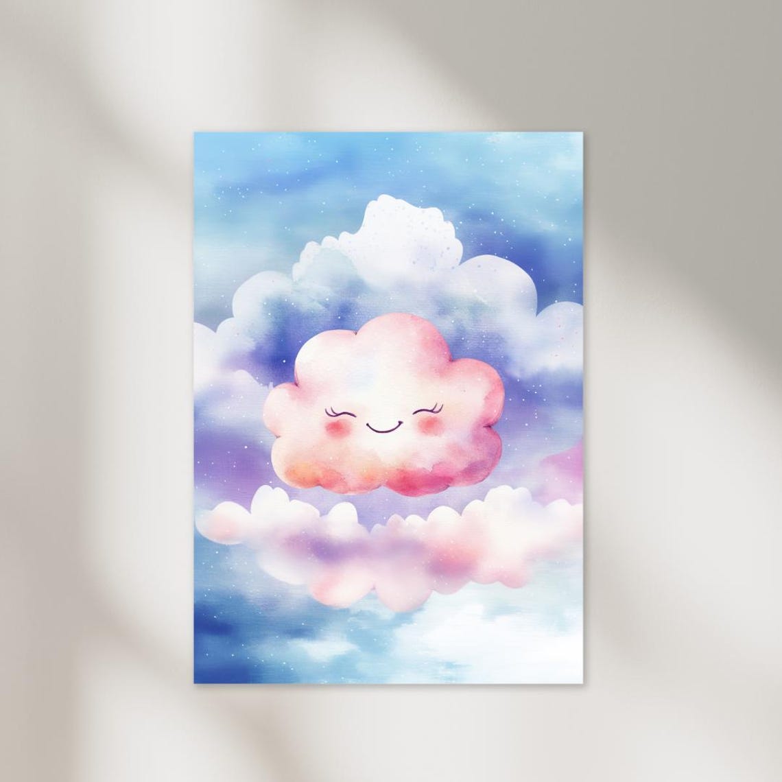 Pink Smiling Cloud Pastel Watercolor Nursery Baby Room Poster - Image 2