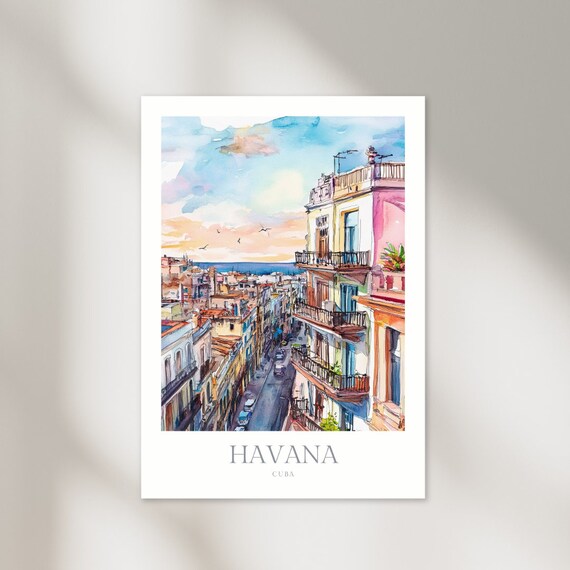 Havana Cuba Old Street Balconies Sea View Watercolor Art Poster