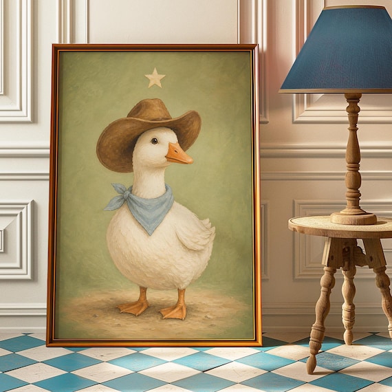 Cowboy Duck Nursery Portrait Blue Bandana Sage Green Art Print