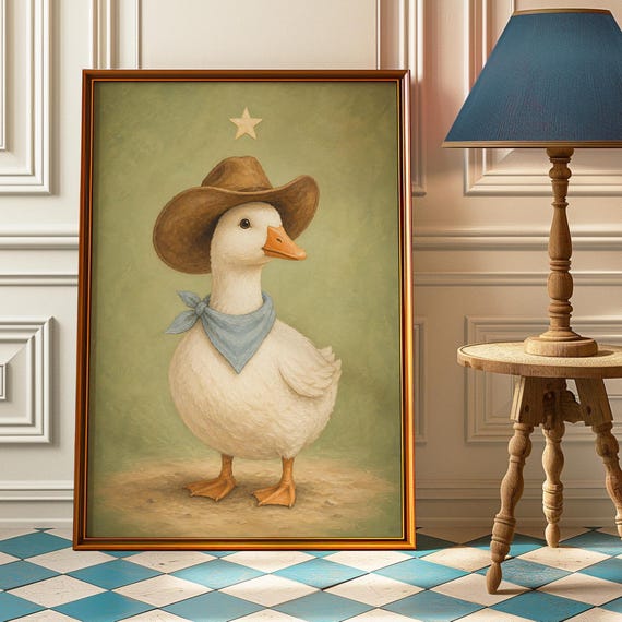 Cowboy Duck Nursery Poster Silly Goose Wall Art Western Baby Boy Print Cute Painting Country Decor Shower Gift