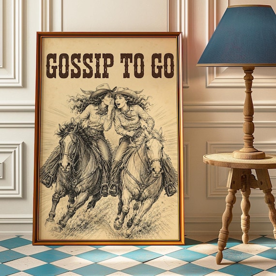 Gossip To Go Cowgirls Riding Horses Vintage Western Engraving Poster