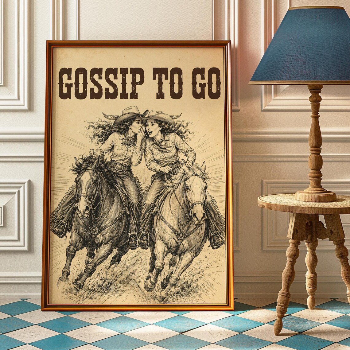Gossip To Go Cowgirls Riding Horses Vintage Western Engraving Poster