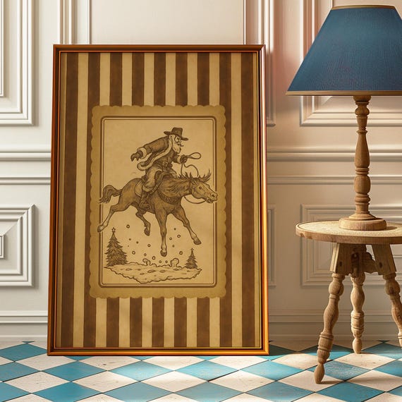 Cowboy Santa Wall Art Print Vintage Western Christmas Poster Rustic Holiday Decor Funny Claus Riding Horse Country Gift