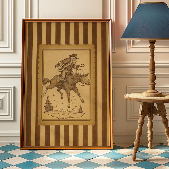 Santa Claus Riding Bucking Horse Vintage Christmas Art Poster