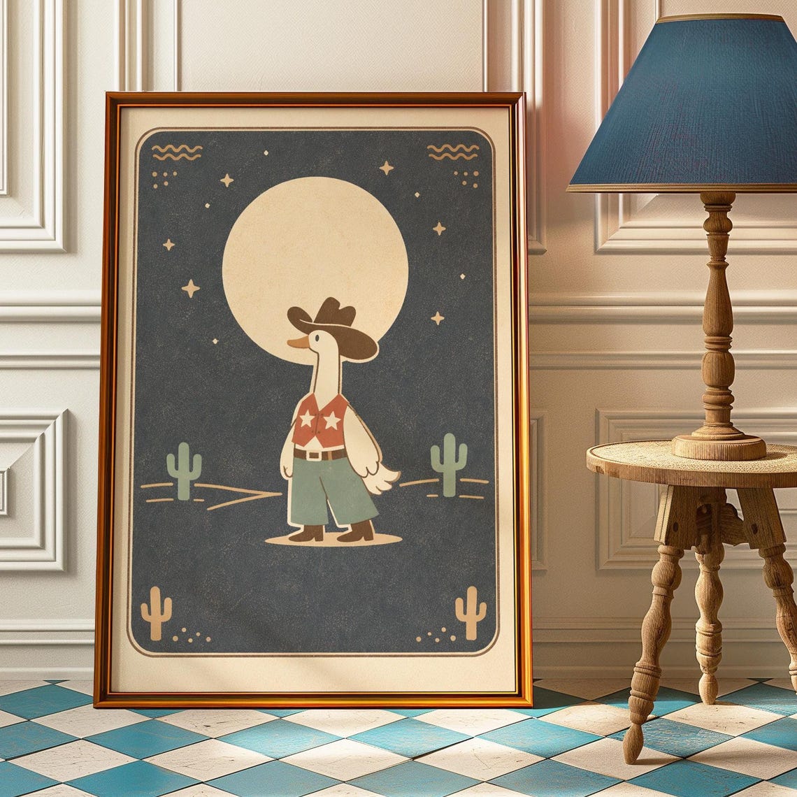Cowboy Goose Moonlit Desert Night Cute Western Nursery Poster