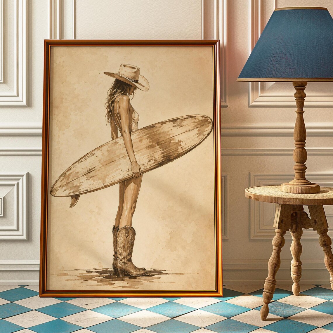 Beach Cowgirl Poster, Vintage Coastal Surf Art
